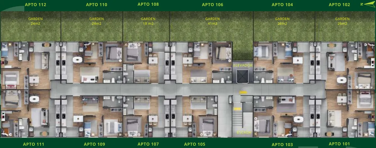 Implantação do Residencial Patmos, térreo: Aptos 101 a 112. Os finais pares têm garden privativo de 18 a 41 m².