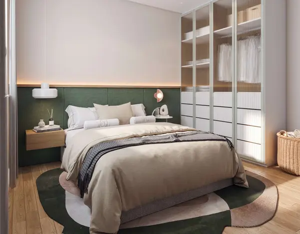 Quarto de casal do apartamento decorado do Residencial Patmos (imagem ilustrativa)