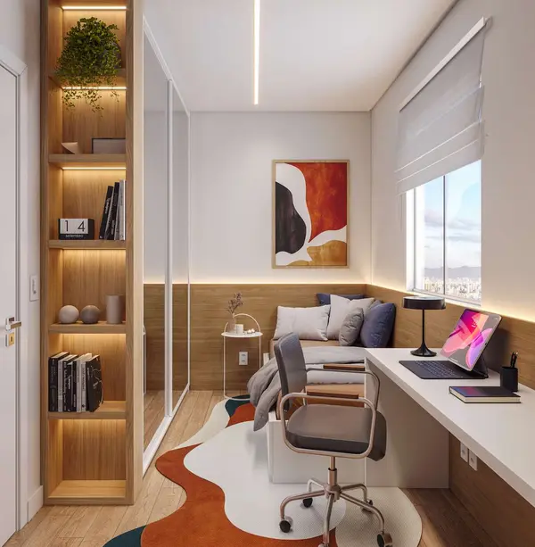 Quarto de solteiro com home office do apartamento decorado do Residencial Patmos (imagem ilustrativa)