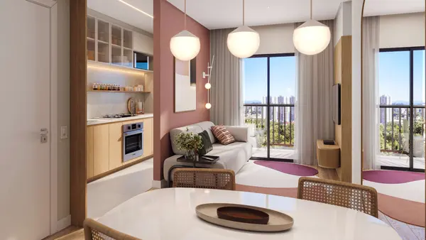 Sala e cozinha integradas do apartamento decorado do Residencial Patmos (imagem ilustrativa)