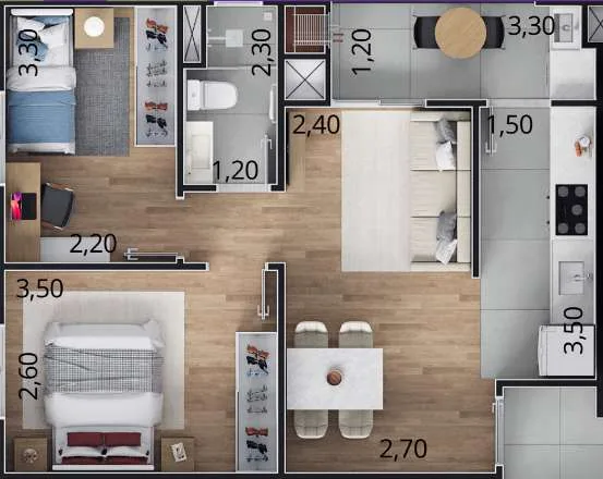 Planta A do Residencial Patmos: 2 quartos, a partir de 45 m², com medidas dos ambientes