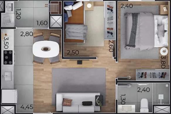 Planta B do Residencial Patmos: 2 quartos, a partir de 41 m², com medidas dos ambientes
