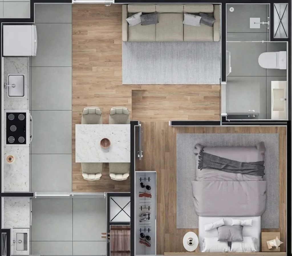 Planta C do Residencial Patmos: 1 quarto, a partir de 30 m², com medidas dos ambientes